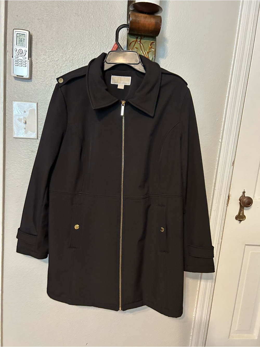Michael Kors Black Zip-Front Trench Coat with Gold Hardware